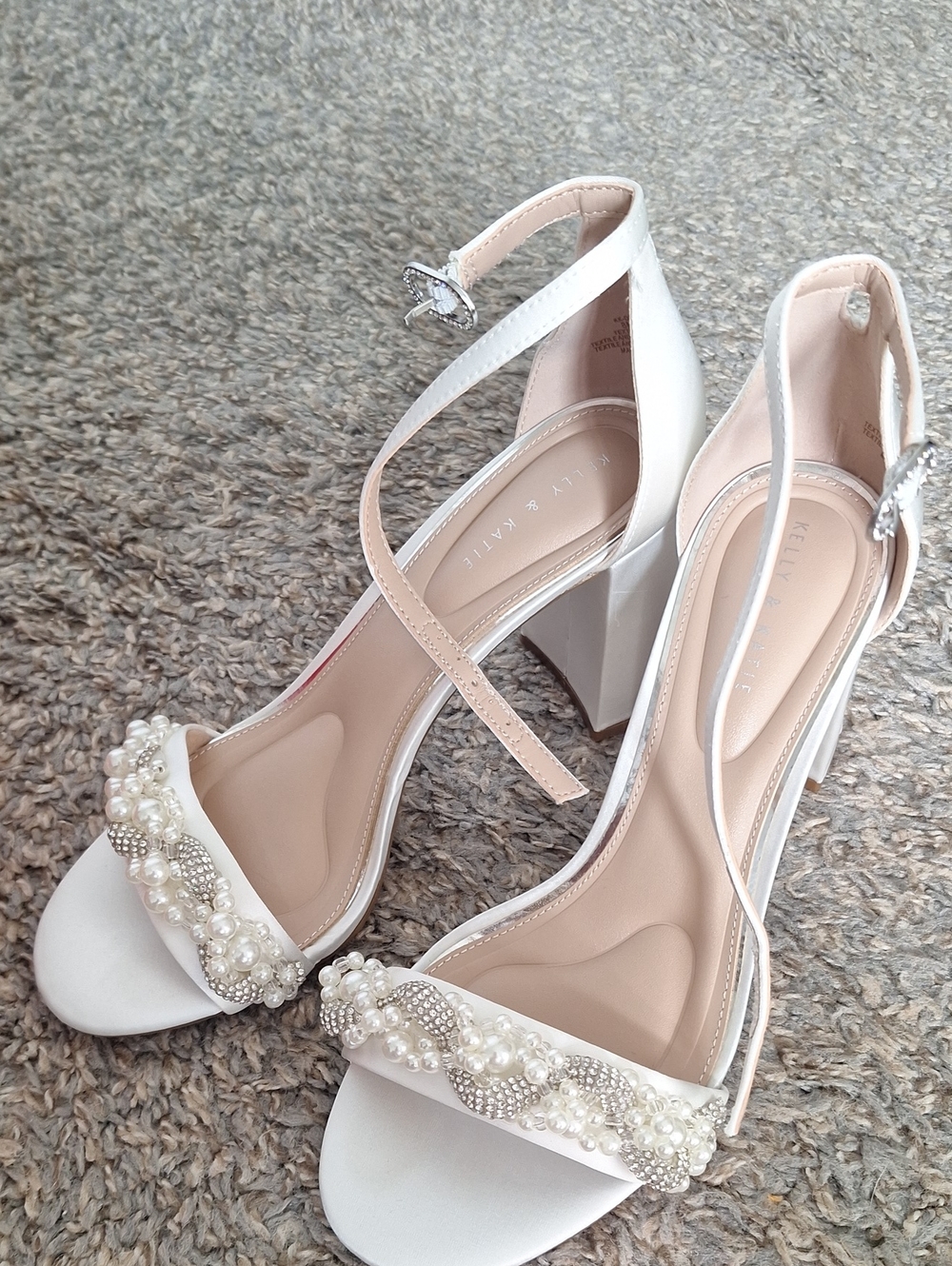 Kelly & Katie White Pearl Embellished Ankle-Strap Heels